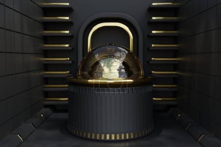 3 d render of a futuristic pedestal background with a gold decoration 