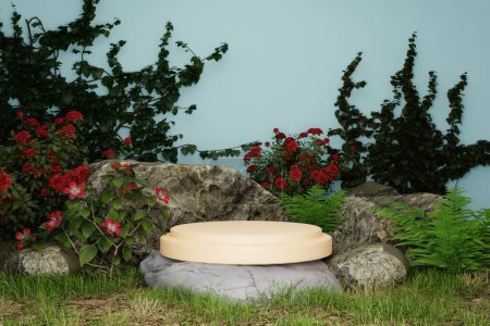 Téléchargez les photos : Podium rond blanc avec herbe verte dans le jardin avec fond bleu - en image libre de droit