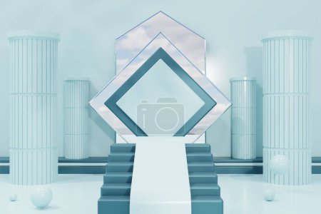Foto de 3 d representación de podio de mármol blanco con fondo de color azul. - Imagen libre de derechos