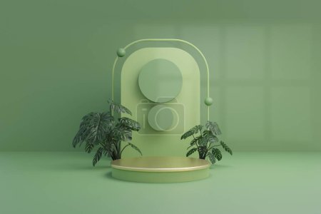 3 d rendering of minimal abstract scene of podium with leaf shape and product. for product display, advertising, cosmetic, showcase, cosmetic and fashion