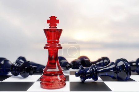 Photo for Leadership and growth concept, red pawn of chess, standing out from the crowd of black pawns, on black background with empty copy space on right side. 3D Rendering - Royalty Free Image