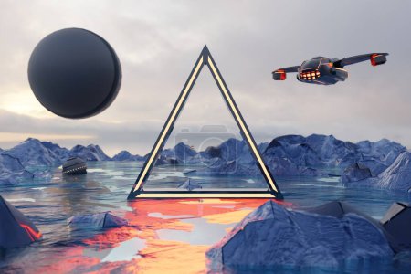Téléchargez les photos : 3 d rendu. fond futuriste de science-fiction. triangle avec vaisseau spatial - en image libre de droit