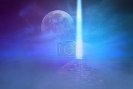Téléchargez les photos : Fond abstrait de l'espace et des planètes, scène pour l'affichage du produit avec la lumière de colonne bleue - en image libre de droit