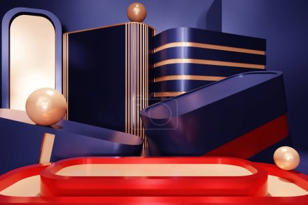 Téléchargez les photos : 3 d rendu d'un fond de podium rouge avec une boule dorée - en image libre de droit