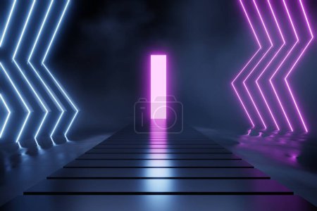 empty sci fi futuristic tunnel with purple and blue glowing neon lights on empty dark empty space podium background with empty reflective lines 3 d illustration rendering
