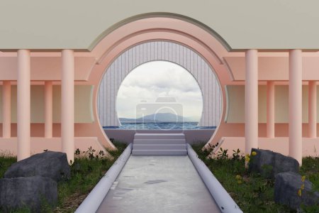 Foto de Renderizado 3d. Arco pasillo fondo geométrico rosa, corredor arquitectónico, columnas de arco, pared vacía. alojamiento antiguo Banner para presentaciones de viajes - Imagen libre de derechos