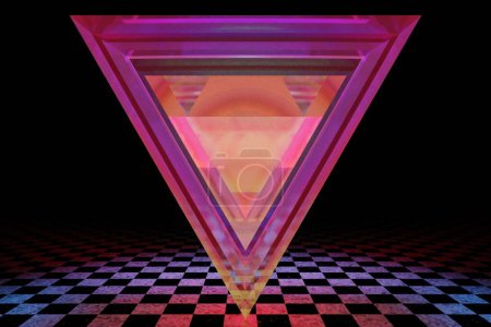 Photo for Abstract Futuristic technology concept. Neon triangle Tunnel modern background. Fluorescent ultraviolet glowing light. checkerboard floor in space - Royalty Free Image
