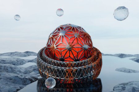 Téléchargez les photos : Fond 3d. Scène de science-fiction avec une sphère rouge sur une surface humide. Maquette pour votre design - en image libre de droit