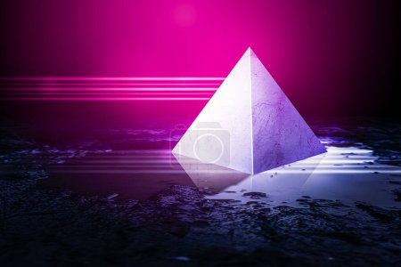 Foto de Triángulo del holograma de neón brillante. fondo piramidal con neón púrpura. Representación 3 d - Imagen libre de derechos