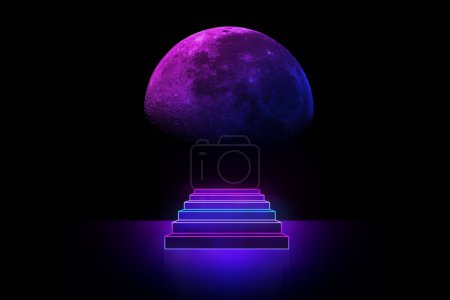 Photo for 3d background. Sci-fi scene with futuristic background with moon and neon stairs. Mockup overlay perfect for compositing into your shots - Royalty Free Image