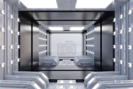 Foto de Escena de maqueta futurista, nave espacial abstracta futurista diseño de interiores de corredor de ciencia ficción, representación 3D, ilustración 3D - Imagen libre de derechos