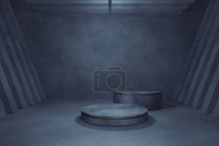 empty dark concrete room interior. empty interior with pedestal  on concrete floor. 3 d illustration