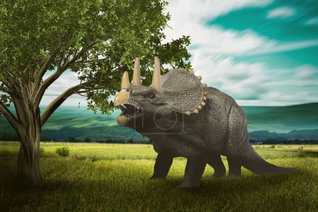Téléchargez les photos : Dinosaures - Triceratops dinosaures jouet sur l'imagerie numérique comme un vrai. avec la scène dramatique - en image libre de droit