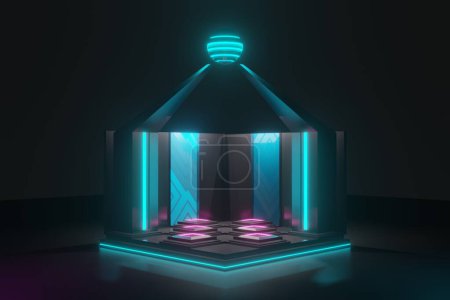 neon stage with pink neon lights. sci fi futuristic concept. 3 d rendering