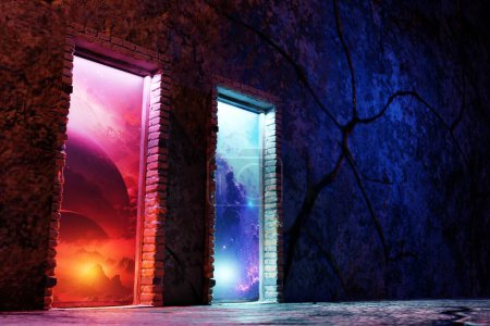 Téléchargez les photos : Fond magique, néon, portail fantaisie, mystique, mystérieuse scène en lumière violette dans l'espace - en image libre de droit
