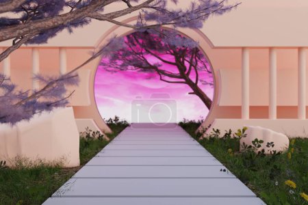 Photo for 3d rendering. Arch hallway pink geometric background, architectural corridor, arch columns, empty wall. ancient housing Banner for travel presentations - Royalty Free Image