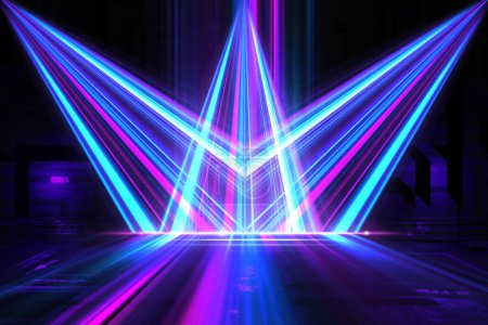 Photo for Sci fi neon glowing futuristic triangle lines purple blue glowing on podium - Royalty Free Image