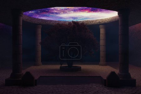 Foto de 3 d representación de un hermoso paisaje nocturno con un árbol de fantasía - Imagen libre de derechos