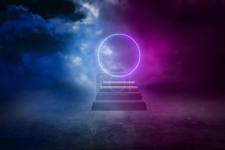 smoke and sci fi futuristic stage neon blue purple, concrete floor stage with moon shape 3 d rendering