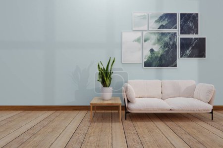 Foto de Interior de la moderna sala de estar con planta de interior y sofá blanco. Representación 3 d - Imagen libre de derechos
