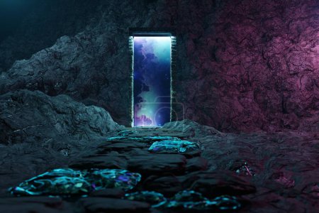 Photo for 3d render, glowing space portal on the dark environment. red and blue portal. sci fi landscape mystic ambiance. - Royalty Free Image