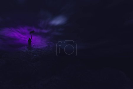 Photo for Dark silhouette of witch with purple hat and broom on dark foggy background. halloween concept. copy space - Royalty Free Image