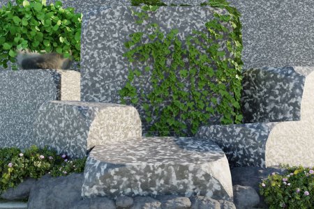 Photo for 3 d illustration of stones and stones on a background of green grass in the garden - Royalty Free Image