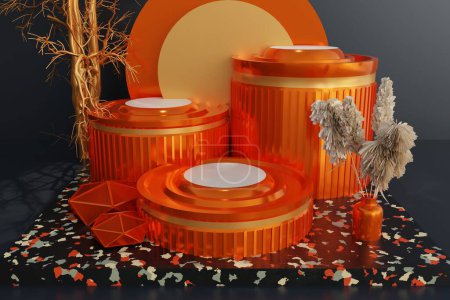 Téléchargez les photos : Illustration 3 d de citrouille d'Halloween, podium orange et podium avec fond noir - en image libre de droit