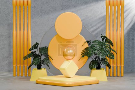 Foto de 3 d renderizado de podio para la presentación del producto. escena abstracta con formas geométricas y plantas. - Imagen libre de derechos