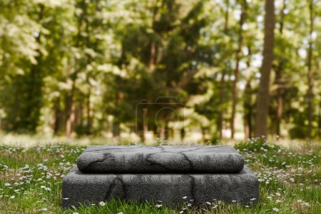 Photo for Empty stone podium for product display on grass. - Royalty Free Image