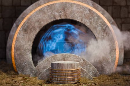 Photo for A large wooden barrel in a stone wall with a dark blue sky and a lot of smoke around - Royalty Free Image