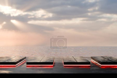 Téléchargez les photos : Table en bois rouge vide avec un fond de coucher de soleil - en image libre de droit