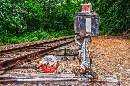 Photo for Old and rusty railway switch in a forest - Royalty Free Image