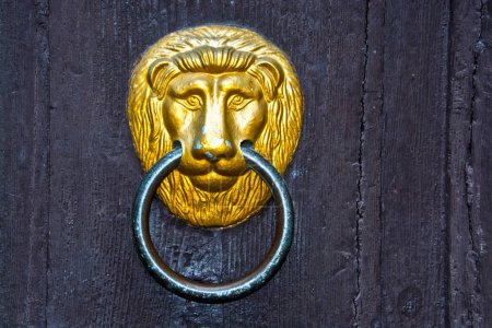 Téléchargez les photos : Lion d'or frappé à la porte de l'église luthérienne dans la ville de Poprad dans la région de Tatra en Slovaquie - en image libre de droit
