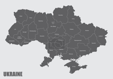 El mapa administrativo de Ucrania con etiquetas, Europa