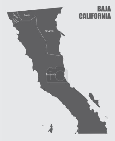Téléchargez les illustrations : Basse-Californie carte administrative isolée sur fond gris, Mexique - en licence libre de droit