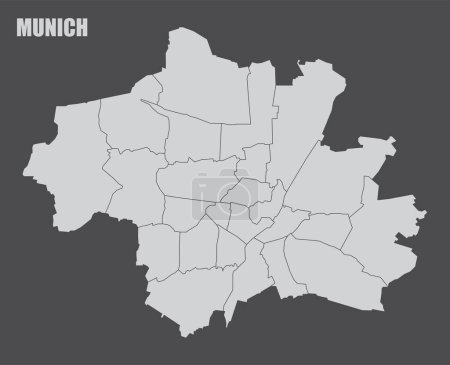 Téléchargez les illustrations : Munich, carte administrative isolée sur fond sombre, Allemagne - en licence libre de droit
