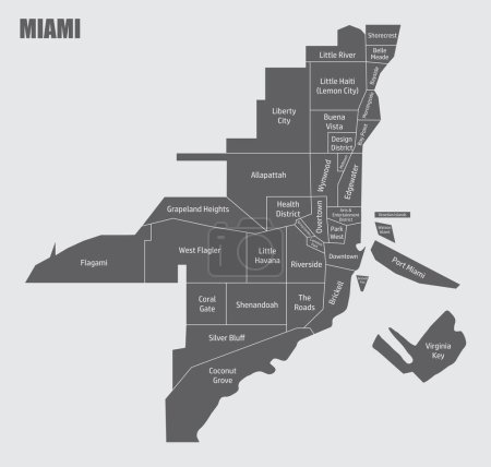 Téléchargez les illustrations : Miami carte administrative isolée sur fond gris - en licence libre de droit