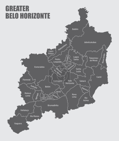Téléchargez les illustrations : Grand Belo Horizonte, carte administrative isolée sur fond gris, État du Minas Gerais, Brésil - en licence libre de droit