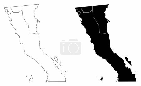 Téléchargez les illustrations : Cartes administratives de la Basse-Californie en noir et blanc, Mexique - en licence libre de droit