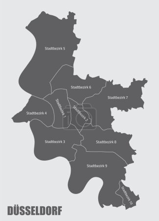 Téléchargez les illustrations : Düsseldorf carte administrative de la ville isolée sur fond gris, Allemagne - en licence libre de droit