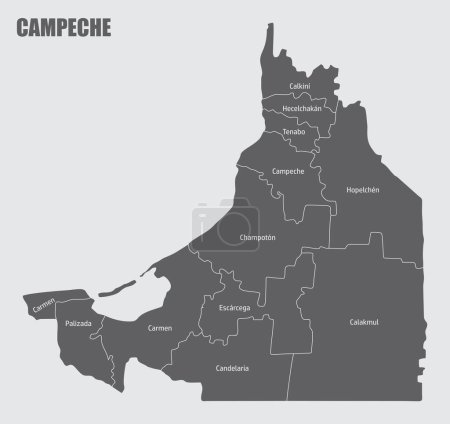 Mapa administrativo del estado de Campeche aislado sobre fondo gris, México