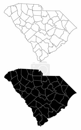 Les cartes administratives en noir et blanc de l'État de Caroline du Sud, États-Unis