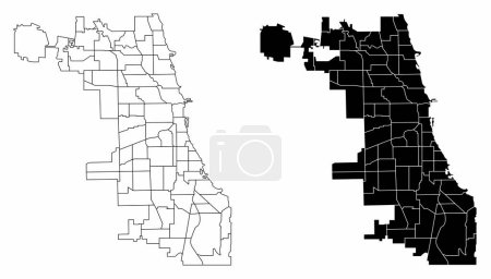 Téléchargez les illustrations : Les cartes administratives en noir et blanc de Chicago City, États-Unis - en licence libre de droit