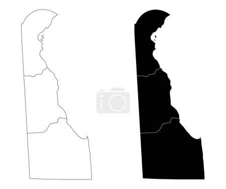 Die schwarz-weißen Verwaltungskarten des Bundesstaates Delaware, USA