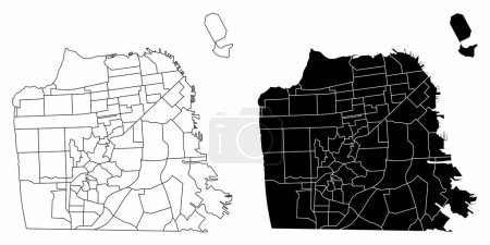 Téléchargez les illustrations : Les cartes administratives en noir et blanc de San Francisco, Californie, États-Unis - en licence libre de droit