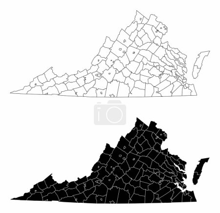 Die schwarz-weißen Verwaltungskarten des Bundesstaates Virginia, USA
