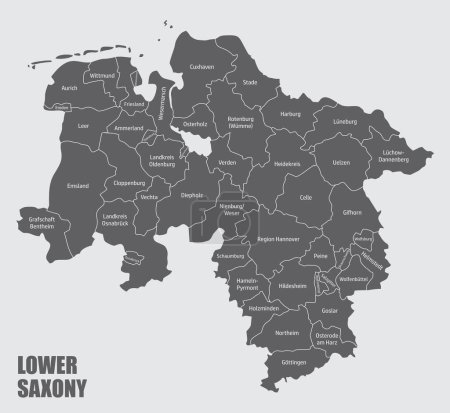 The administrative map of Lower Saxony State with labels, Germany