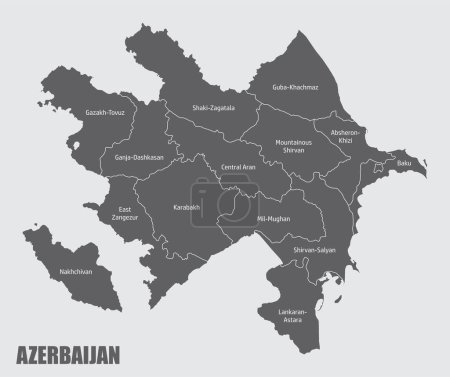 The administrative map of Azerbaijan with labels