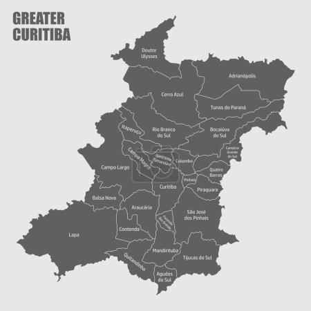 La carte administrative du Grand Curitiba avec étiquettes, Parana State, Brésil